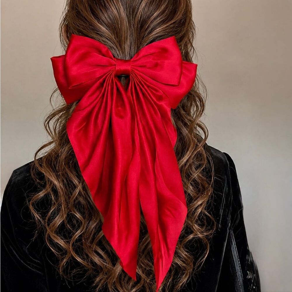 Oversized Red Satin Ribbon Hair Bow - Holiday French Barrette